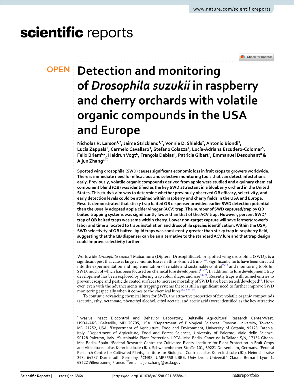 Detection and Monitoring of Drosophila Suzukii in Raspberry and Cherry Orchards with Volatile Organic Compounds in the USA and Europe Nicholas R