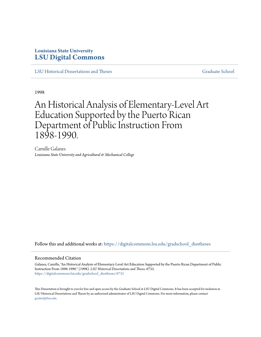 An Historical Analysis of Elementary-Level Art Education Supported by the Puerto Rican Department of Public Instruction from 1898-1990