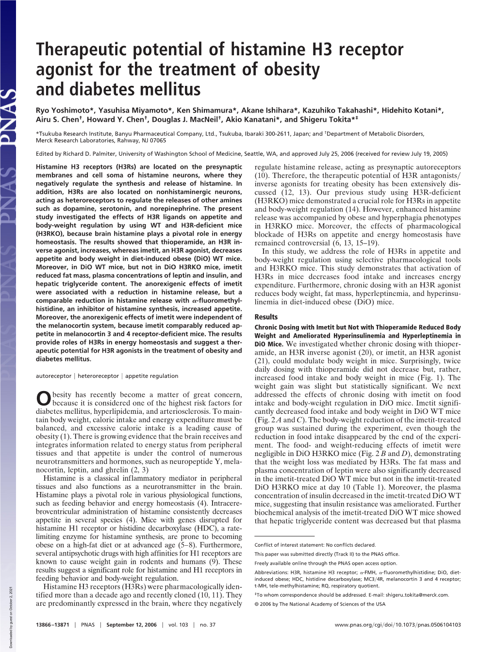 Therapeutic Potential of Histamine H3 Receptor Agonist for the Treatment of Obesity and Diabetes Mellitus