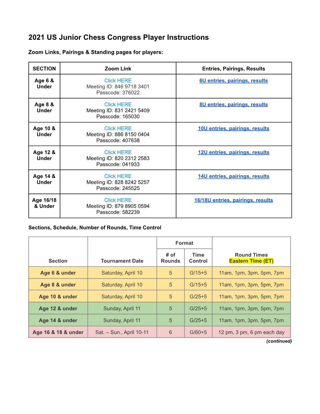 2021 US Junior Chess Congress Player Instructions