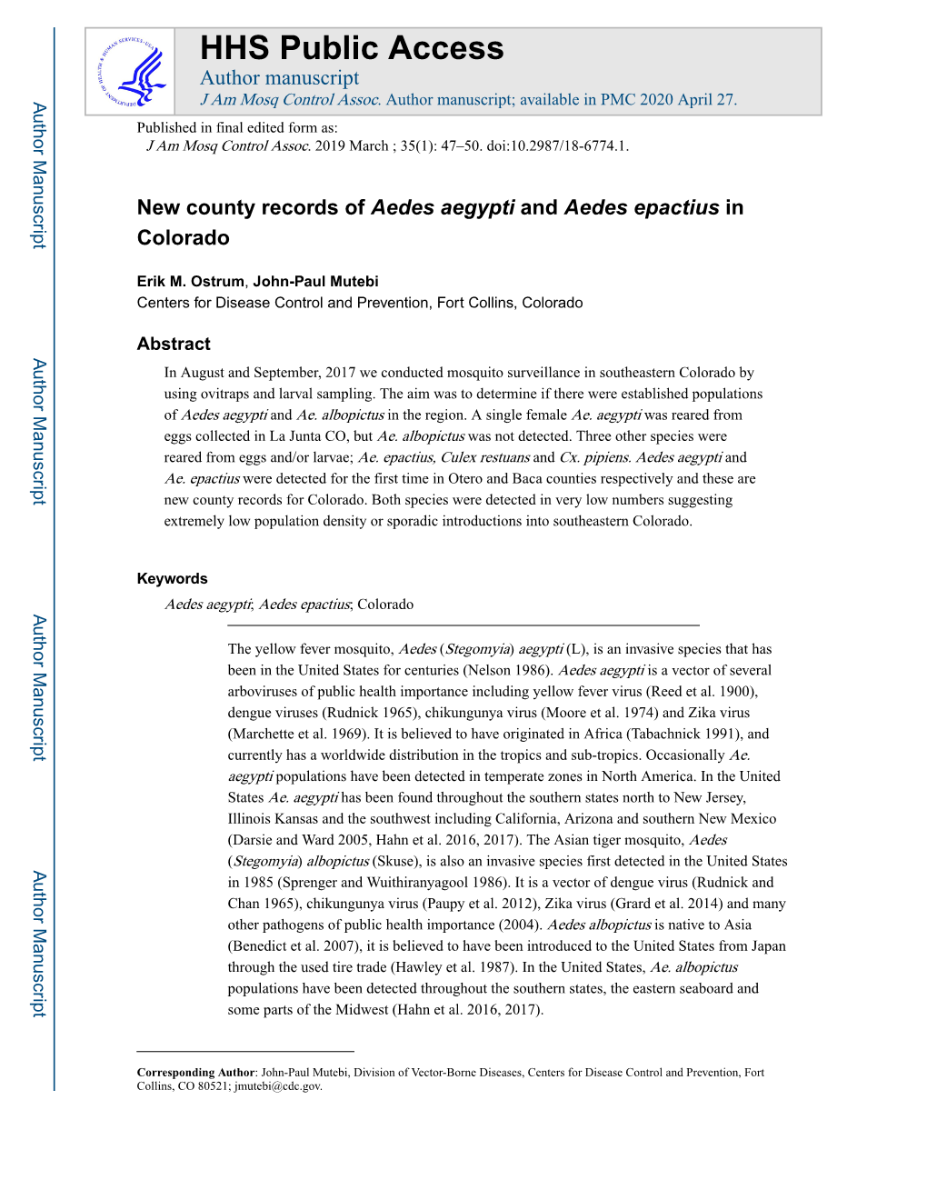 New County Records of Aedes Aegypti and Aedes Epactius in Colorado