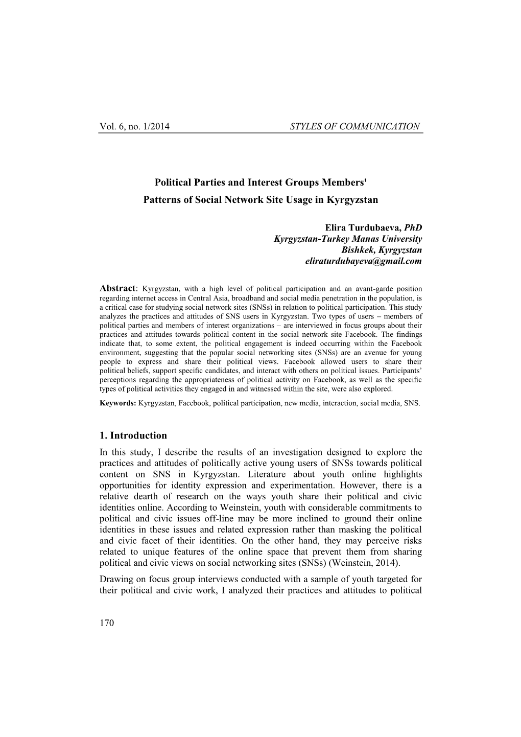 Political Parties and Interest Groups Members' Patterns of Social Network Site Usage in Kyrgyzstan