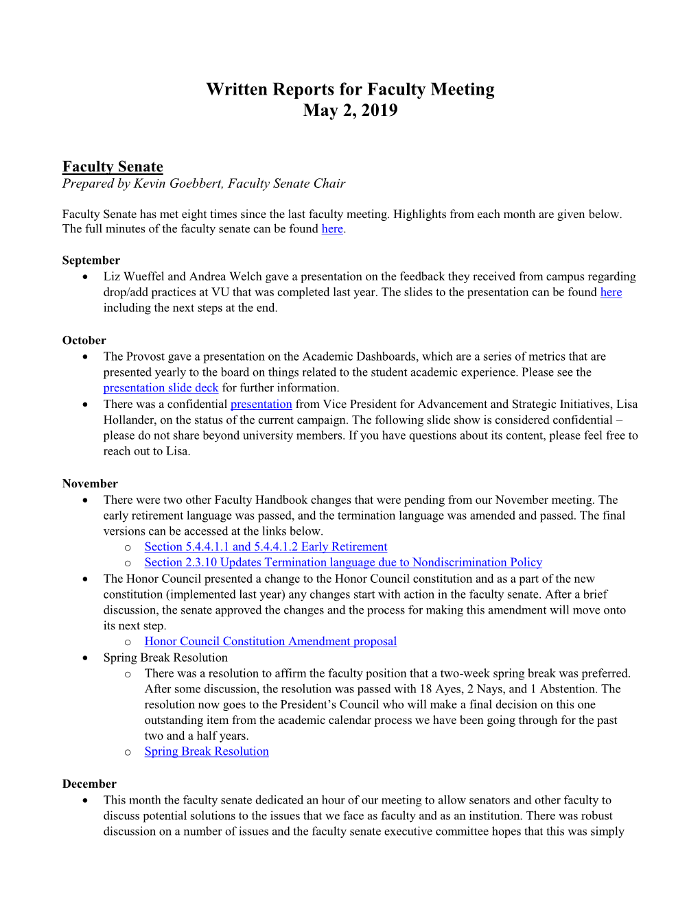 Written Reports for Faculty Meeting May 2, 2019