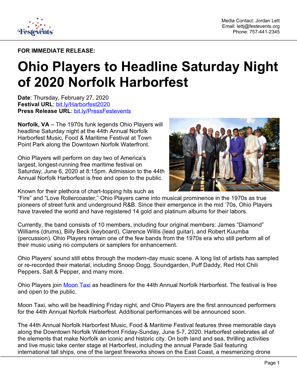 Ohio Players to Headline Saturday Night of 2020 Norfolk Harborfest