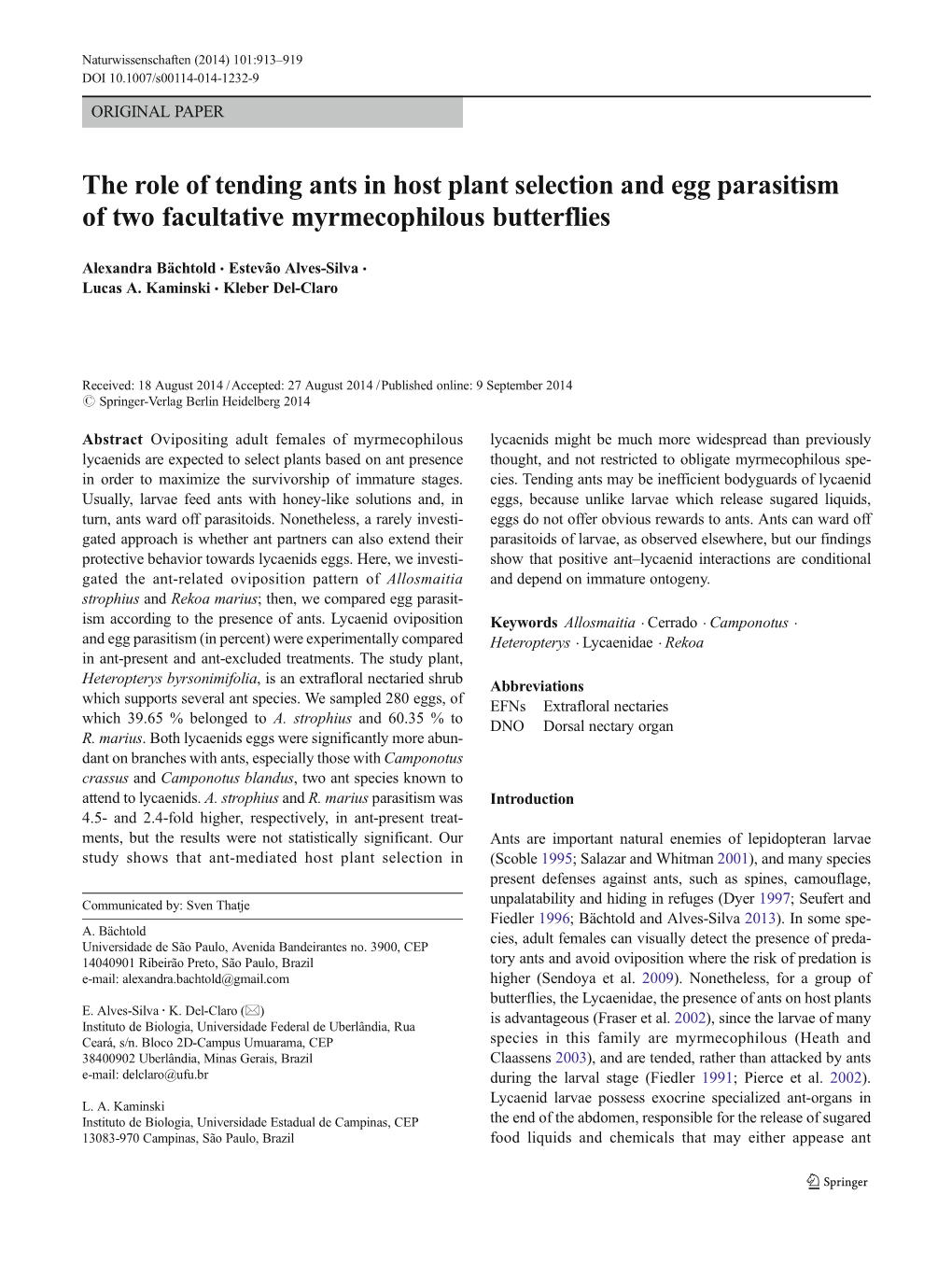 The Role of Tending Ants in Host Plant Selection and Egg Parasitism of Two Facultative Myrmecophilous Butterflies