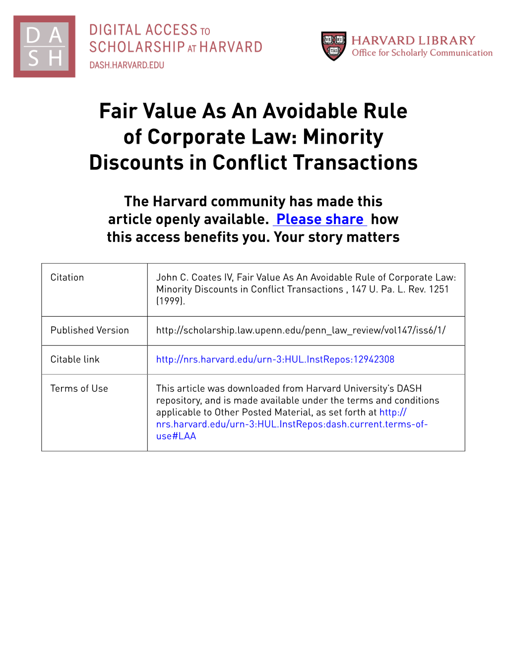 Fair Value As an a Voidable Rule of Corporate Law: Minority Discounts