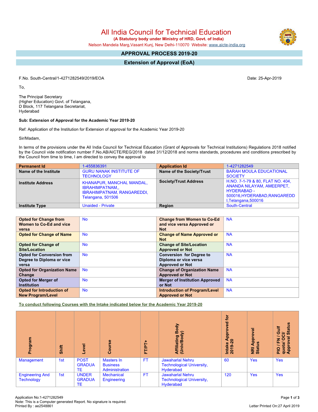 India Council for Technical Education (A Statutory Body Under Ministry of HRD, Govt