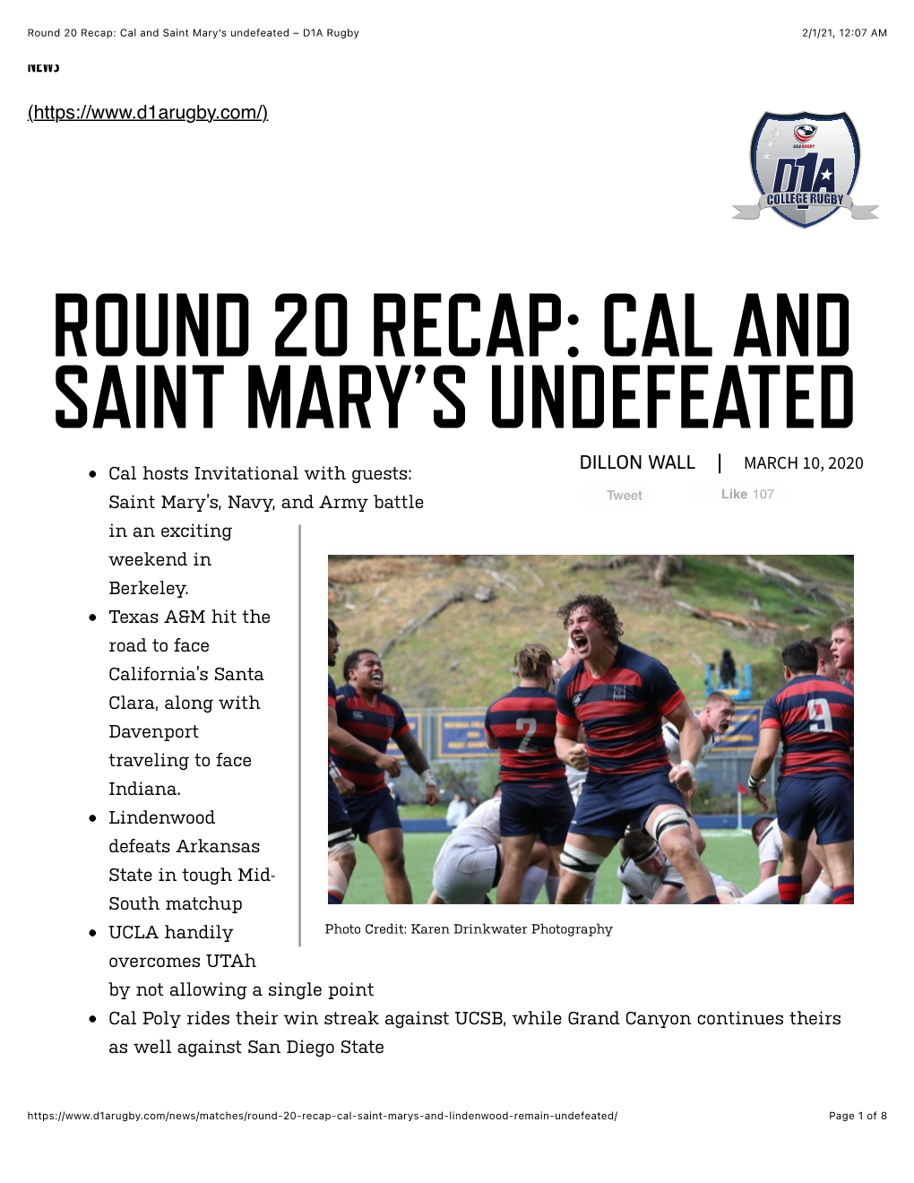 Round 20 Recap: Cal and Saint Mary's Undefeated