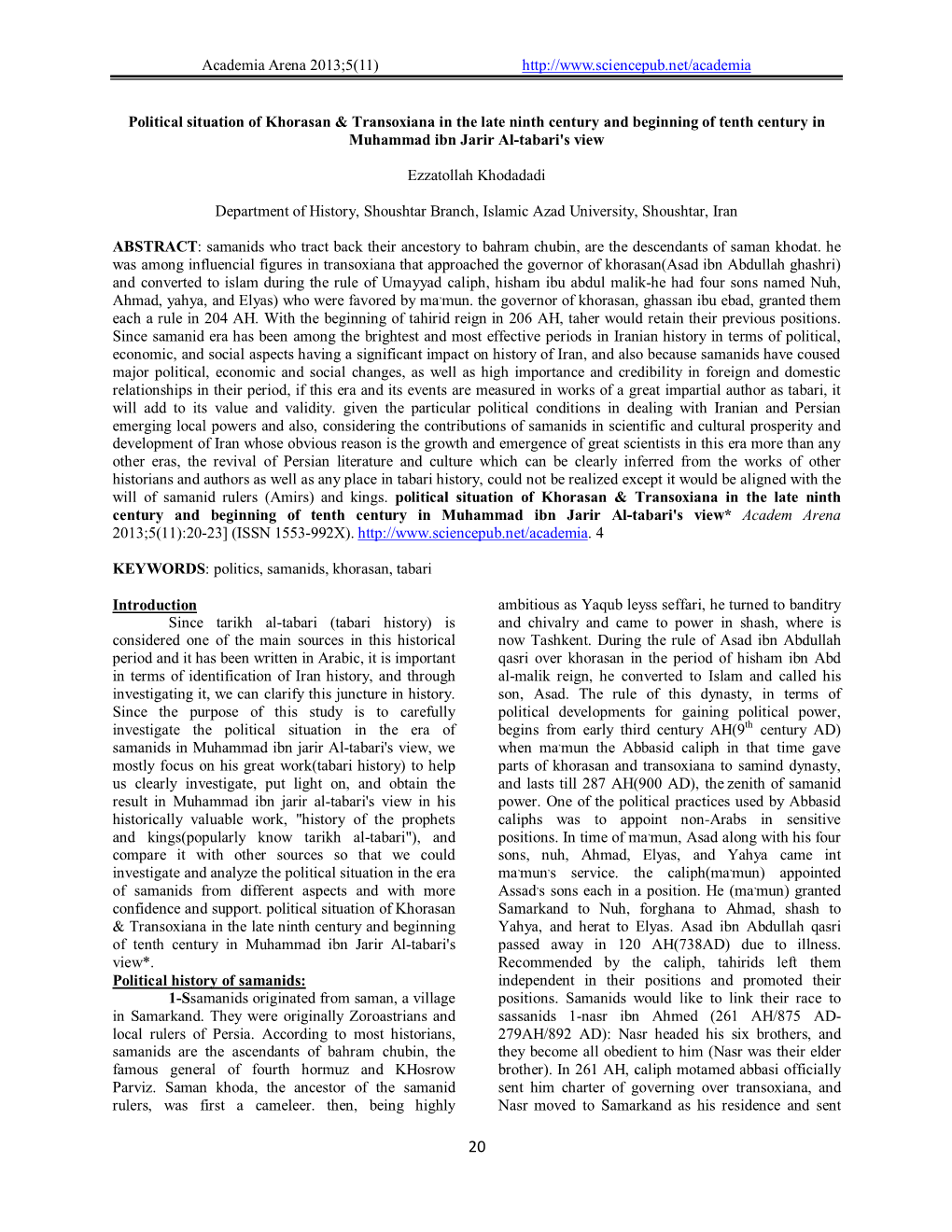 Political Situation of Khorasan & Transoxiana in the Late Ninth