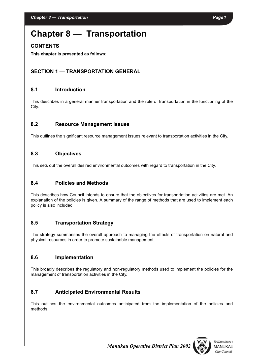 Chapter 8 — Transportation Page 1