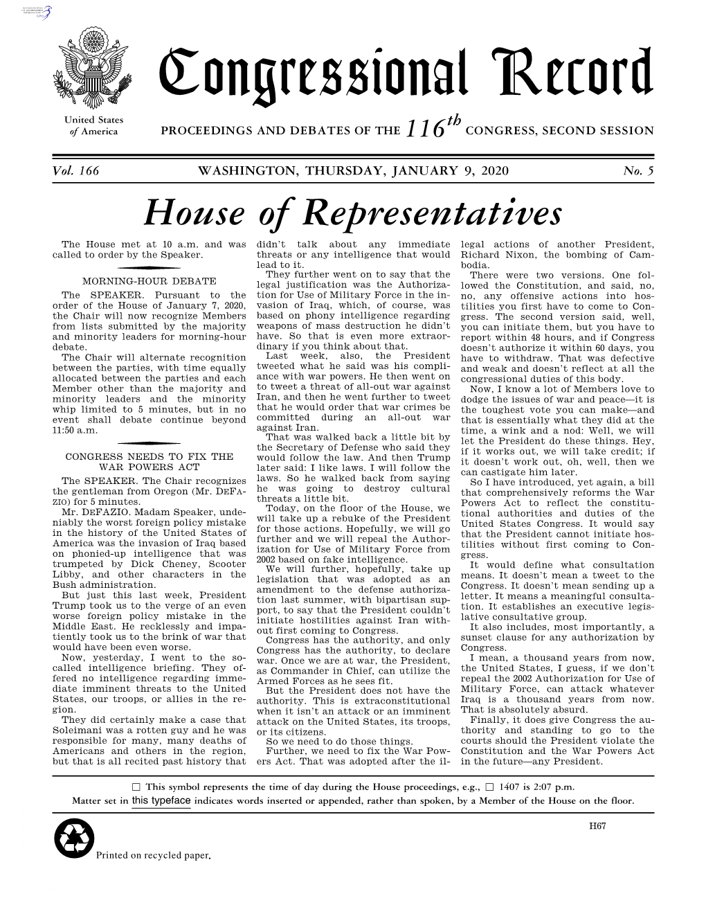 Congressional Record United States Th of America PROCEEDINGS and DEBATES of the 116 CONGRESS, SECOND SESSION