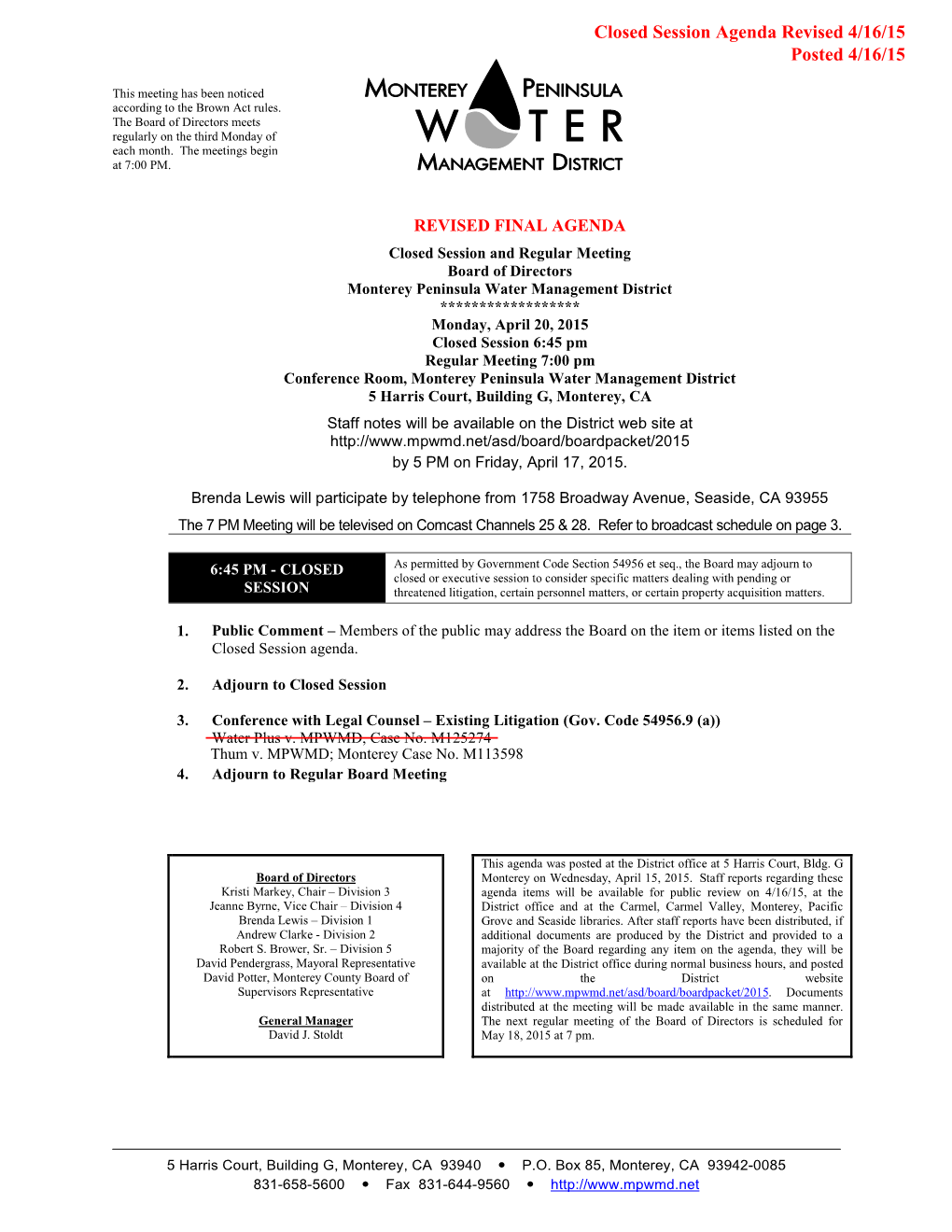 MPWMD Board Meeting Agenda--April 20, 2015