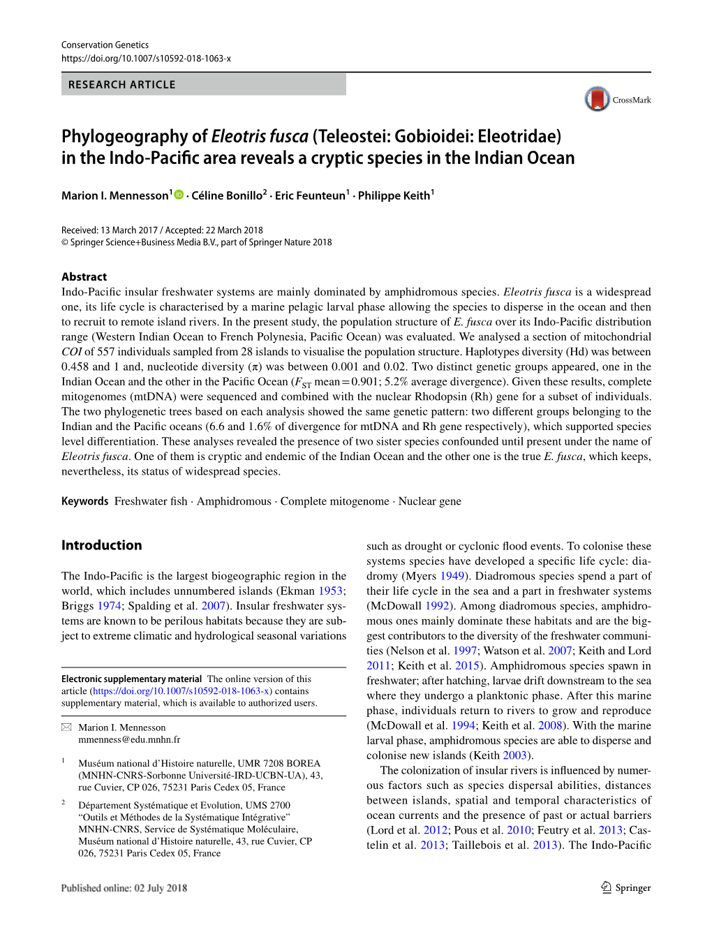 Phylogeography of Eleotris Fusca (Teleostei: Gobioidei: Eleotridae) in the Indo-Pacific Area Reveals a Cryptic Species in the Indian Ocean