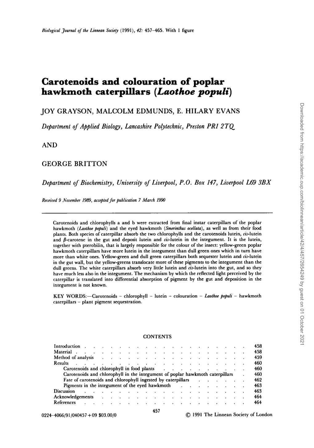 Carotenoids and Colouration of Poplar Hawkmoth Caterpillars (Laothoe