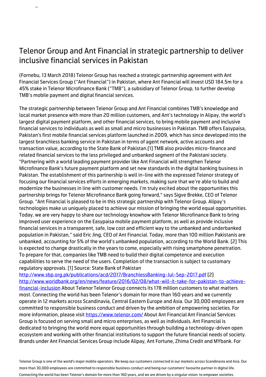 Telenor Group and Ant Financial in Strategic Partnership to Deliver Inclusive Financial Services in Pakistan