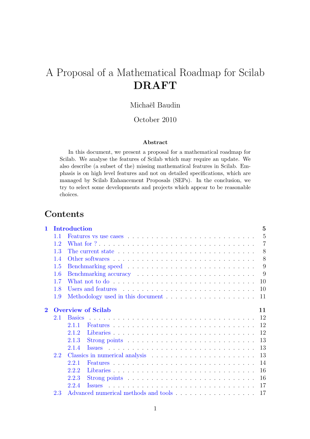 A Proposal of a Mathematical Roadmap for Scilab DRAFT