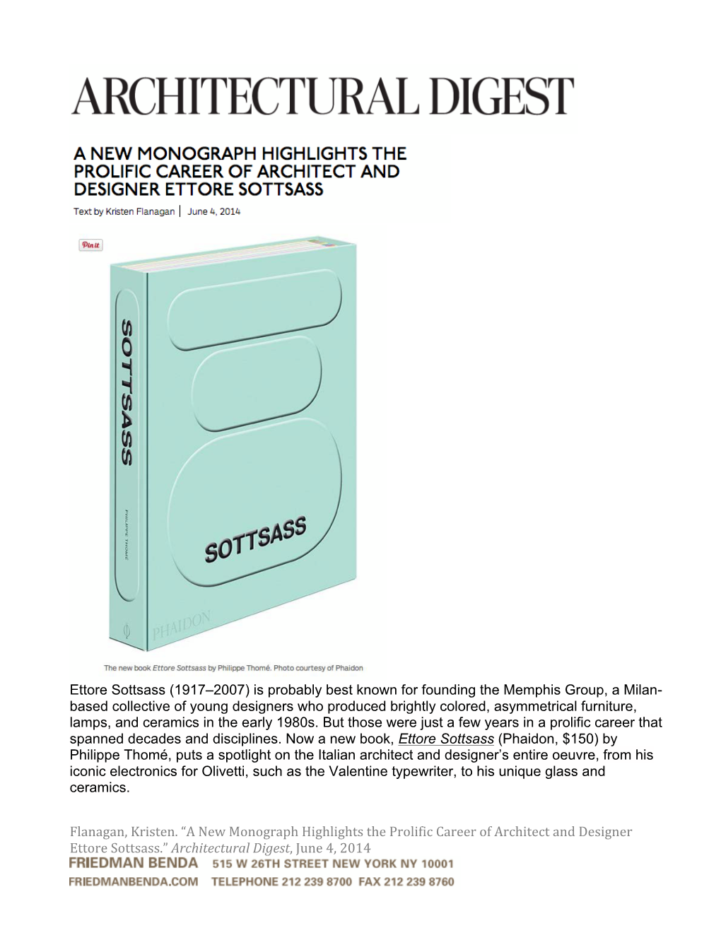 Ettore Sottsass Architectural Digest 6.4.14