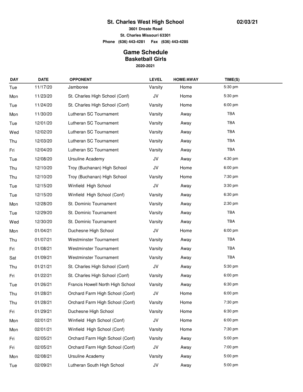 Game Schedules PDF