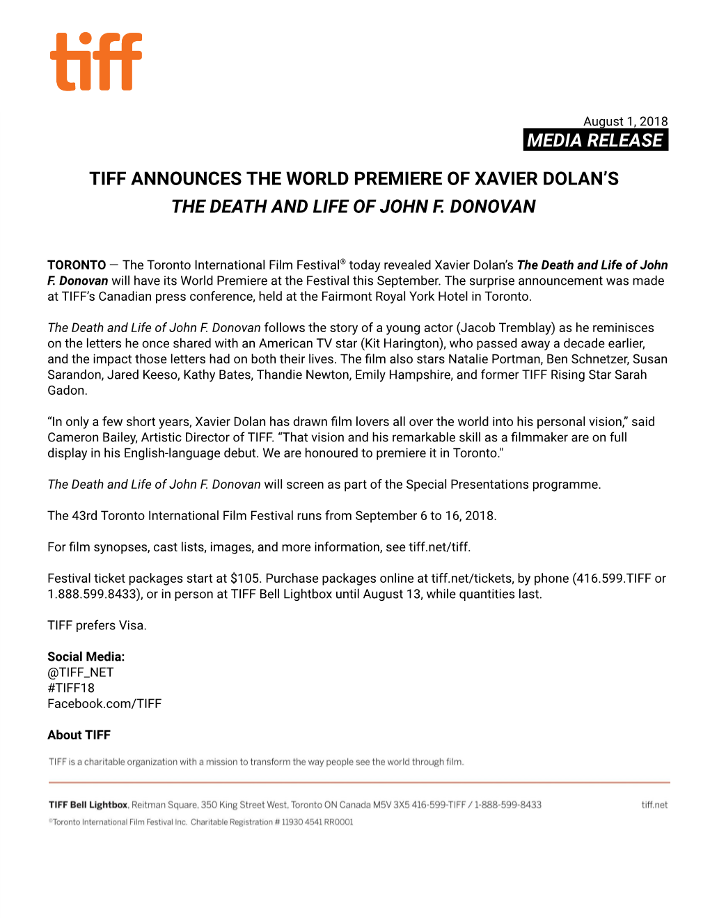 Media Release . Tiff Announces the World