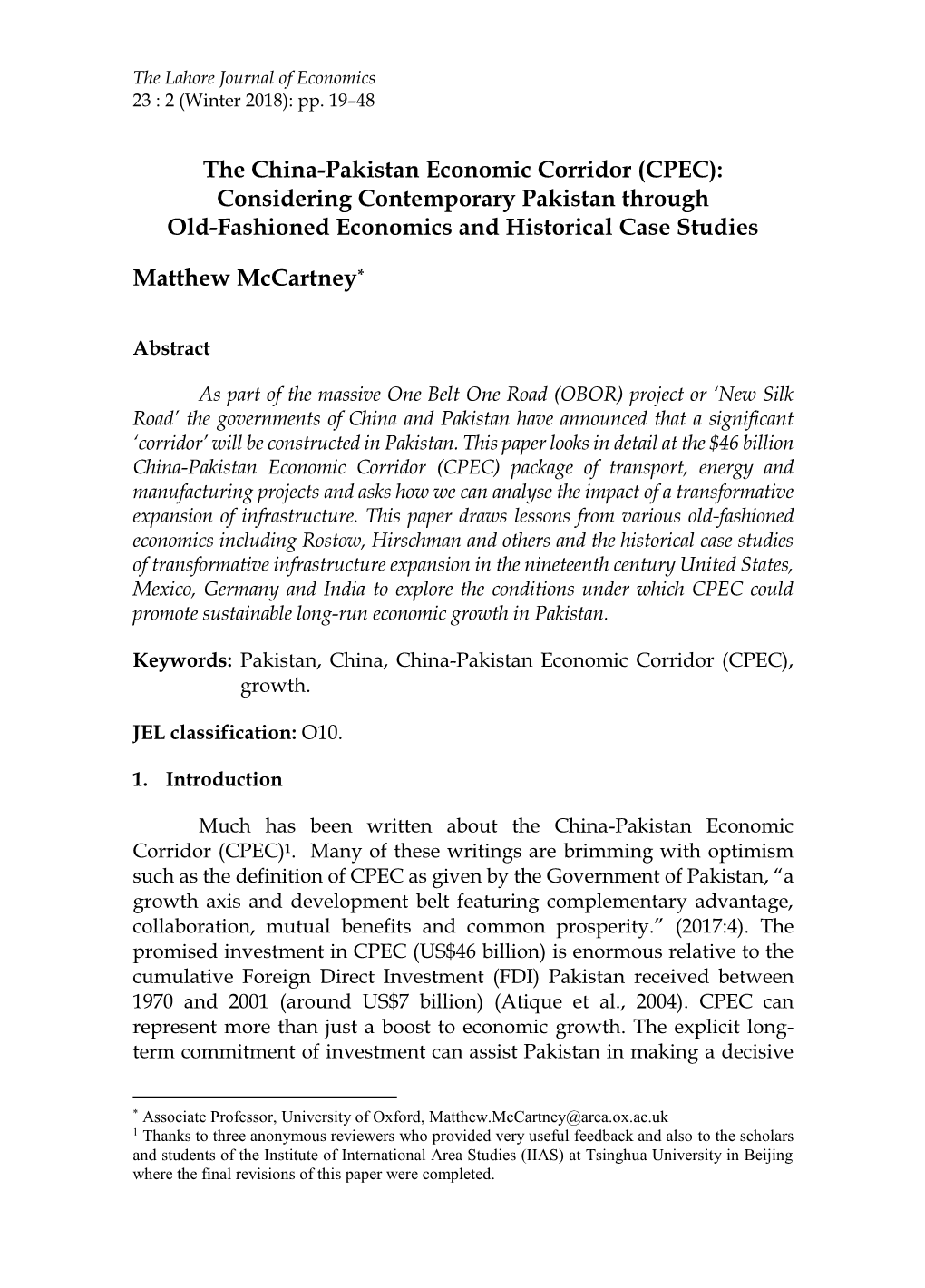 The China-Pakistan Economic Corridor (CPEC): Considering Contemporary Pakistan Through Old-Fashioned Economics and Historical Case Studies