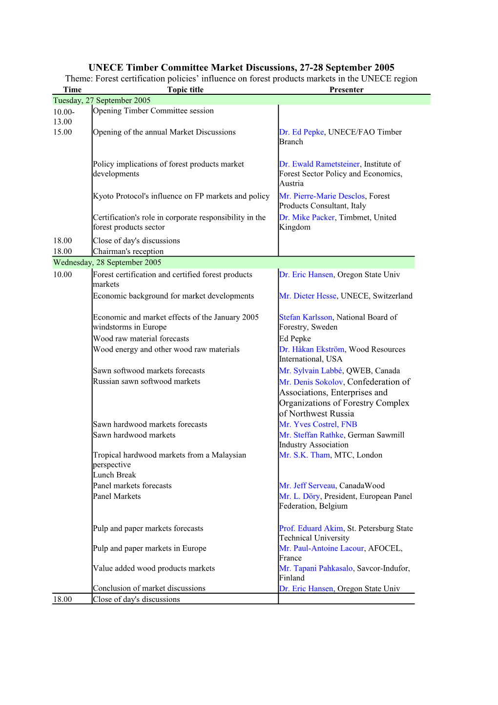 UNECE Timber Committee Market Discussions, 27-28 September 2005