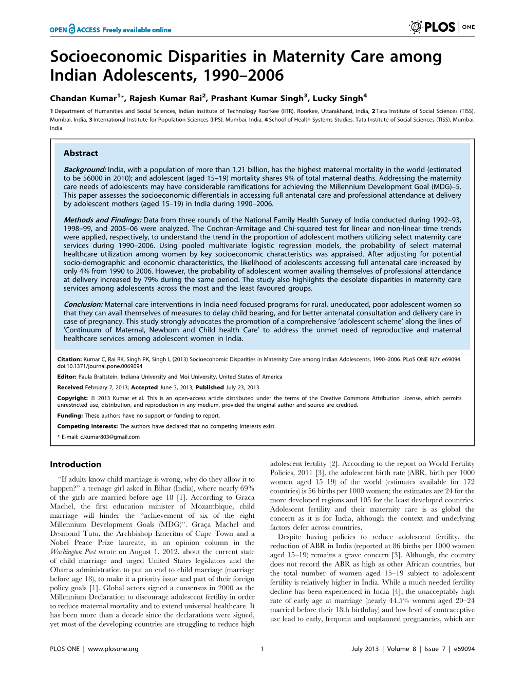 Socioeconomic Disparities in Maternity Care Among Indian Adolescents, 1990–2006