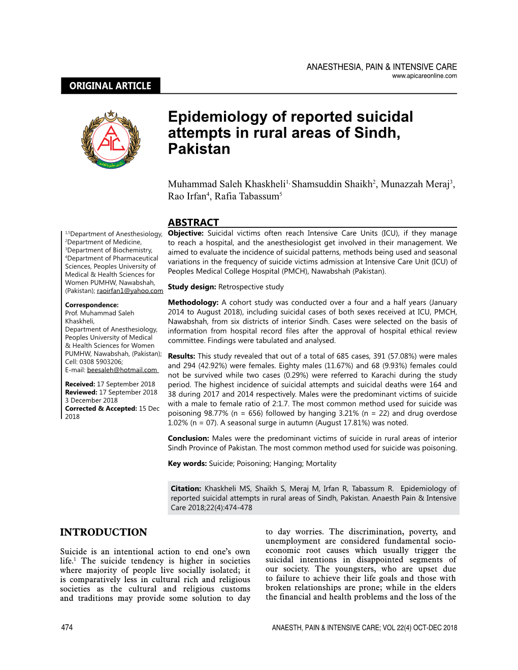 Epidemiology of Reported Suicidal Attempts in Rural Areas of Sindh, Pakistan