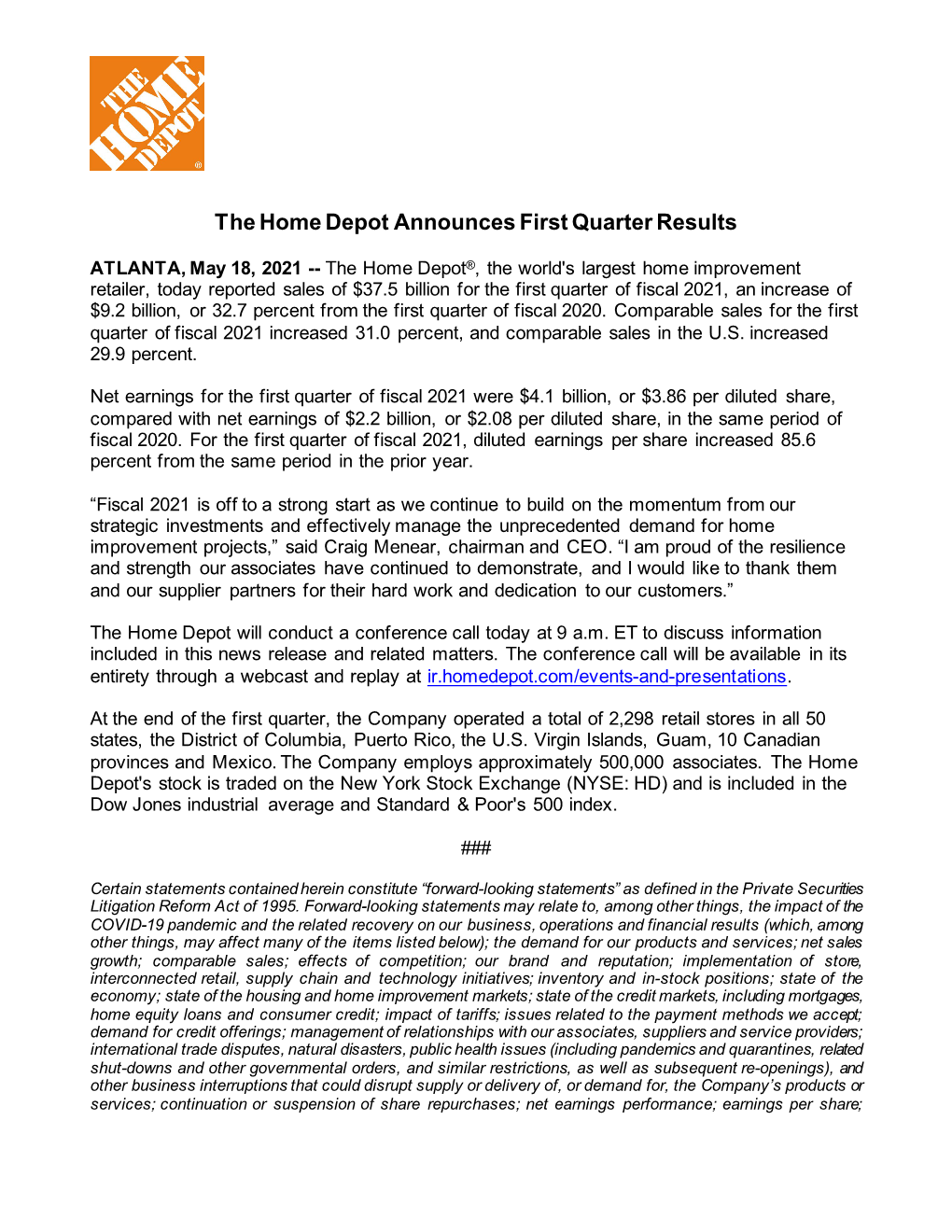 File Q1 2021 Home Depot, Inc. Earnings Release