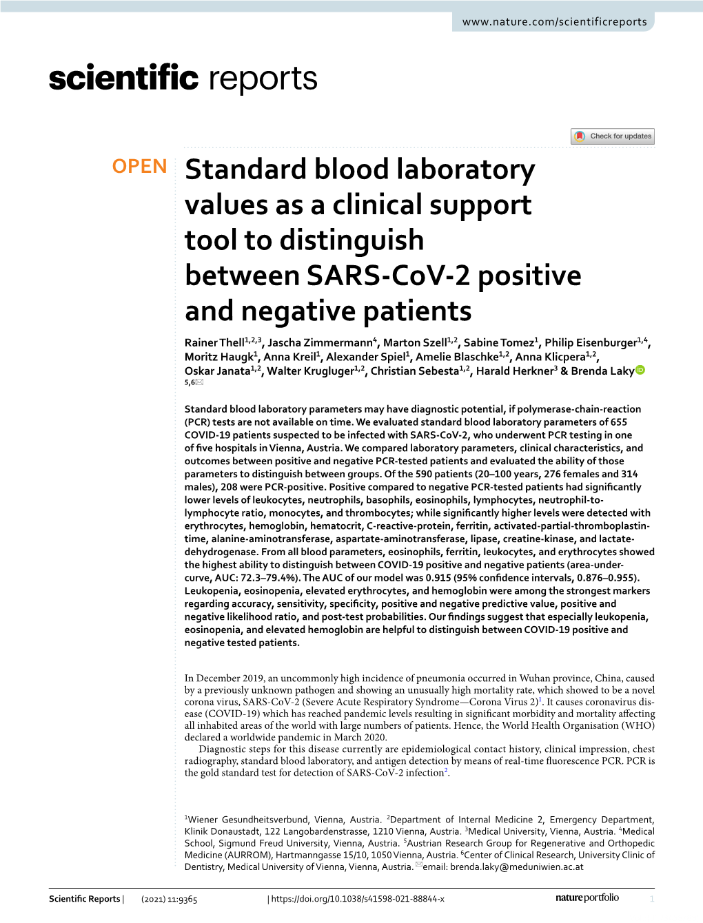 Standard Blood Laboratory Values As a Clinical Support Tool to Distinguish
