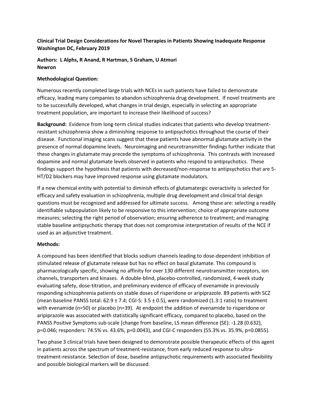 Clinical Trial Design Considerations for Novel Therapies in Patients Showing Inadequate Response Washington DC, February 2019 Au