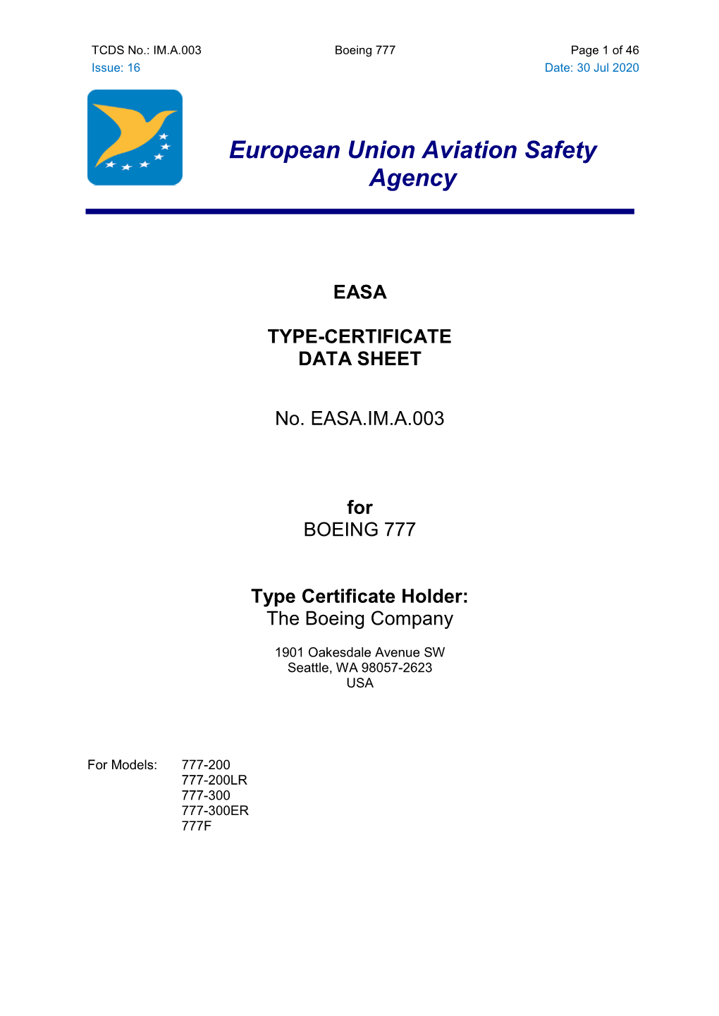 EASA TCDS for Boeing
