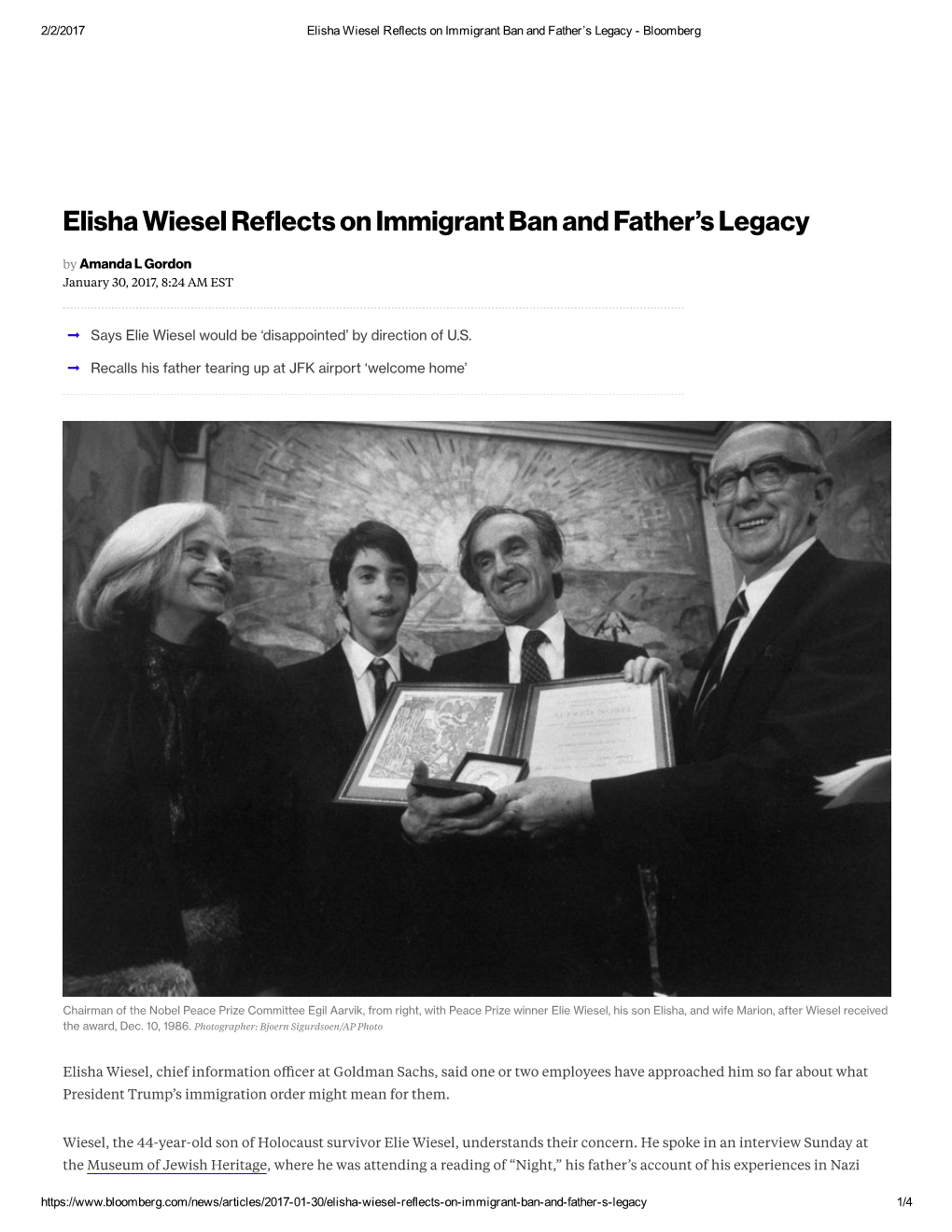Elisha Wiesel Reflects on Immigrant Ban and Father's Legacy