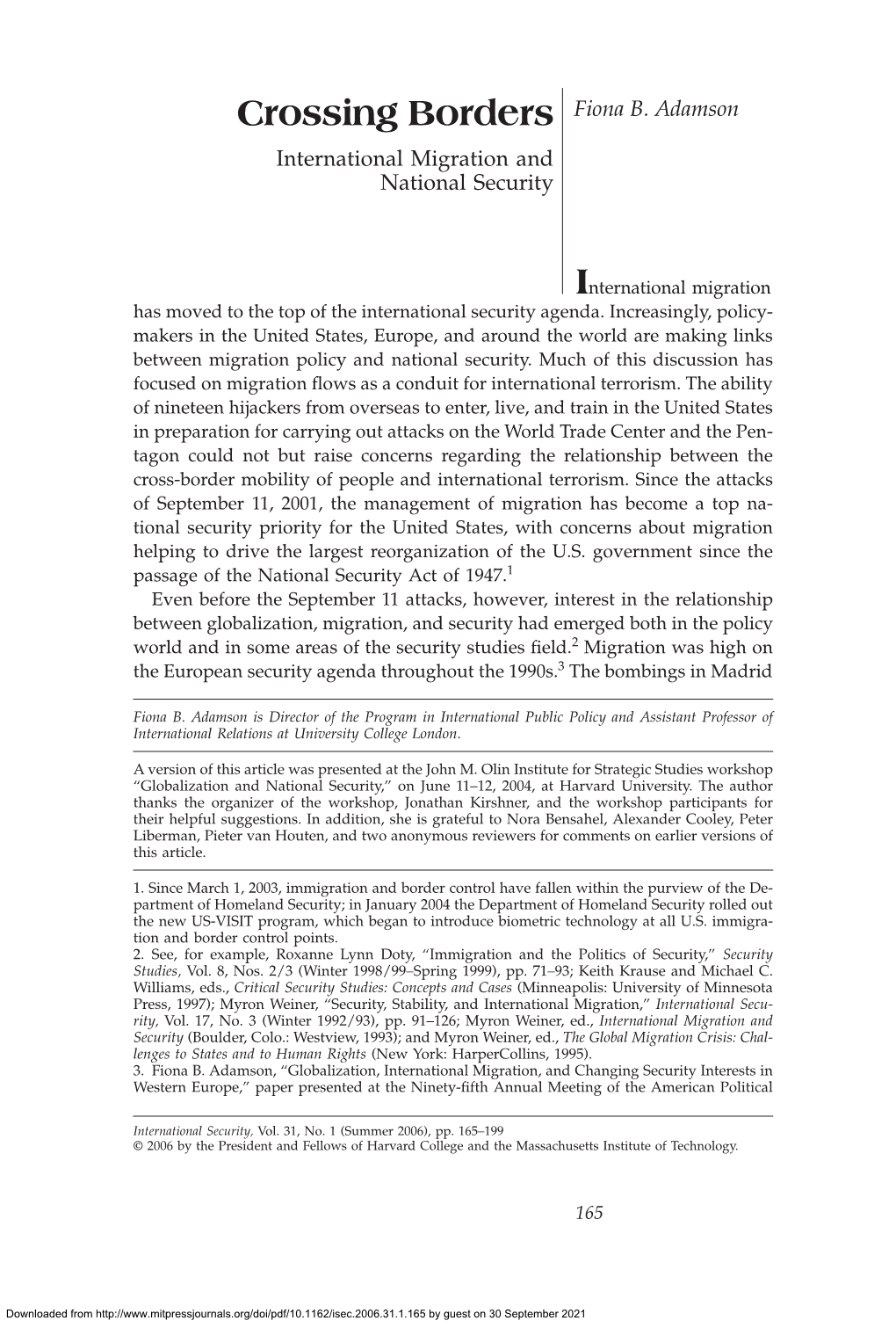 Crossing Borders Fiona B. Adamson International Migration and National Security