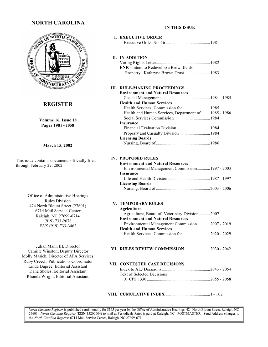Volume 16, Issue 18, March 15, 2002