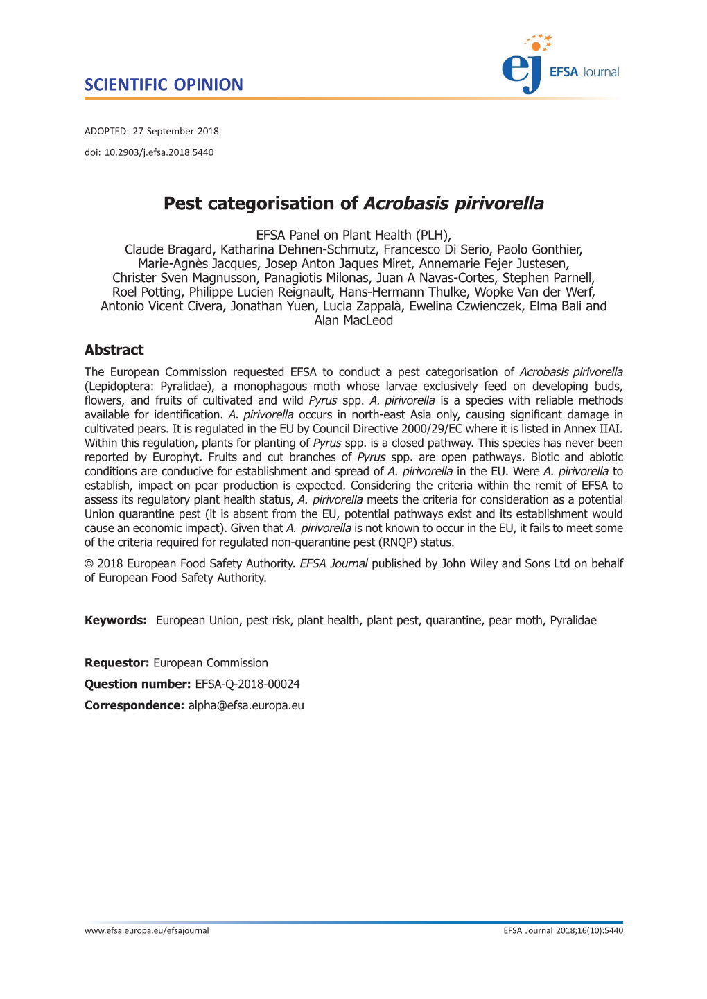 Pest Categorisation of Acrobasis Pirivorella