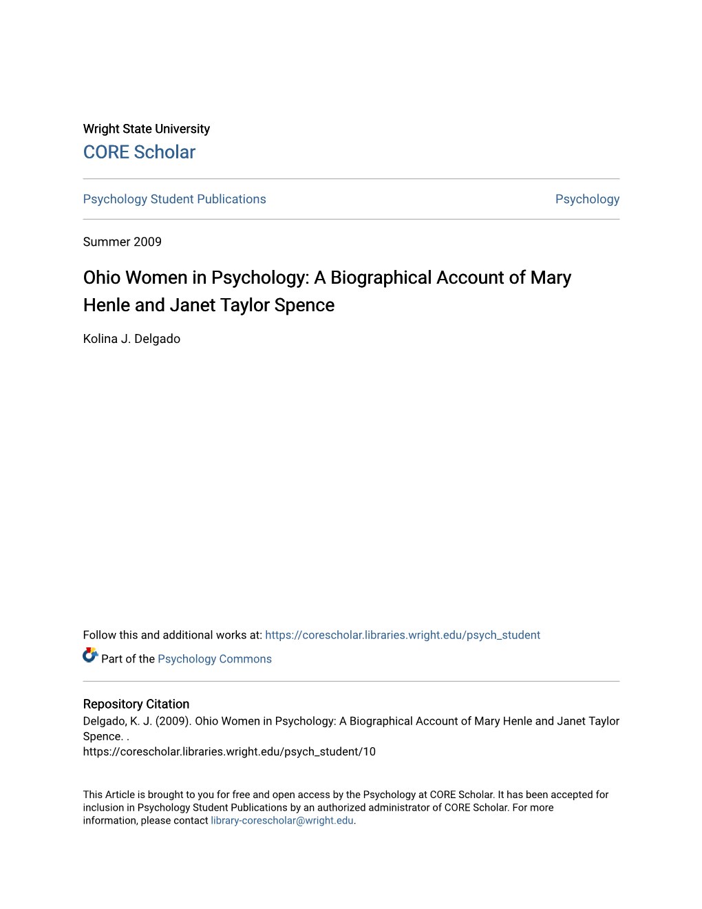 Ohio Women in Psychology: a Biographical Account of Mary Henle and Janet Taylor Spence
