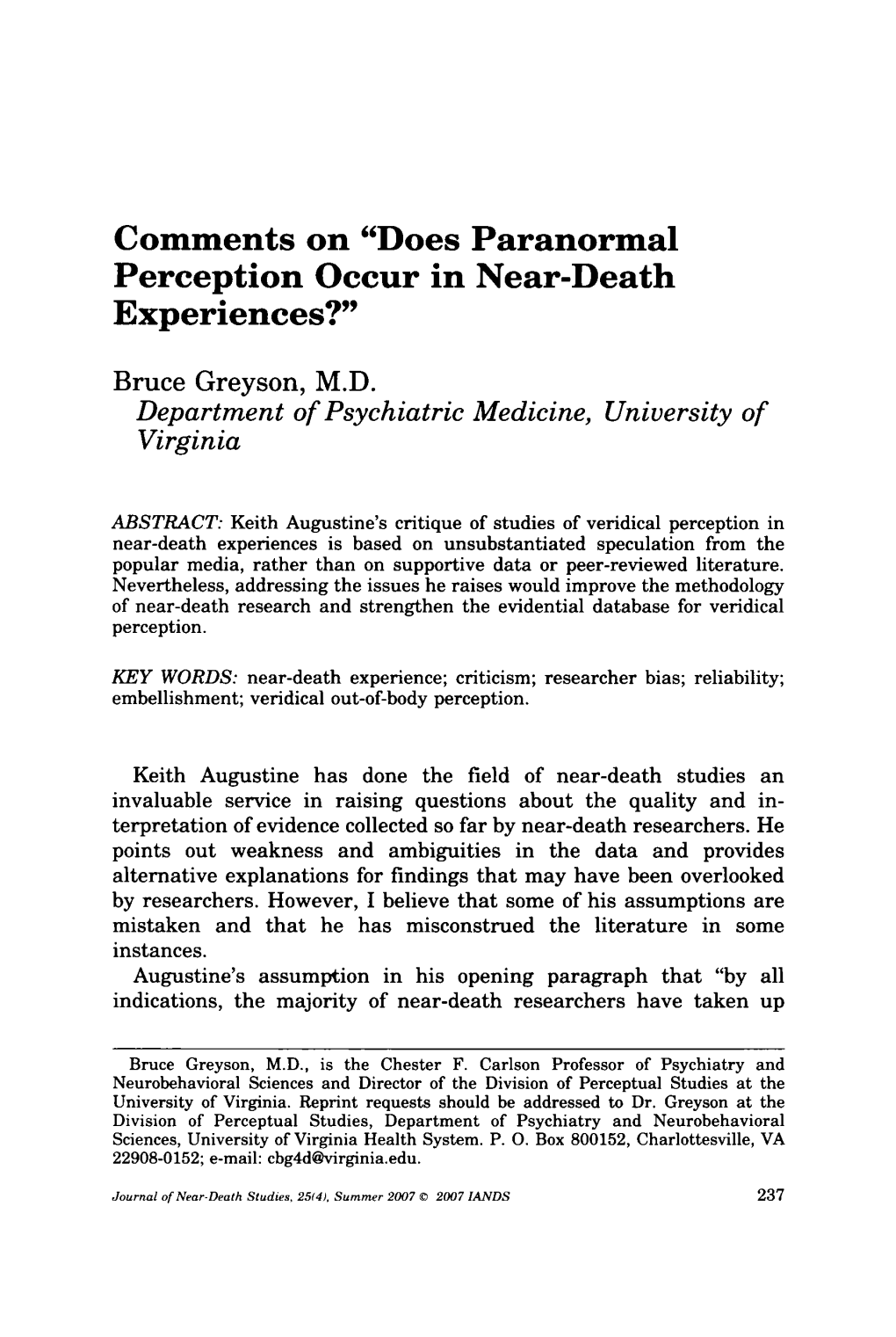 Does Paranormal Perception Occur in Near-Death Experiences?"