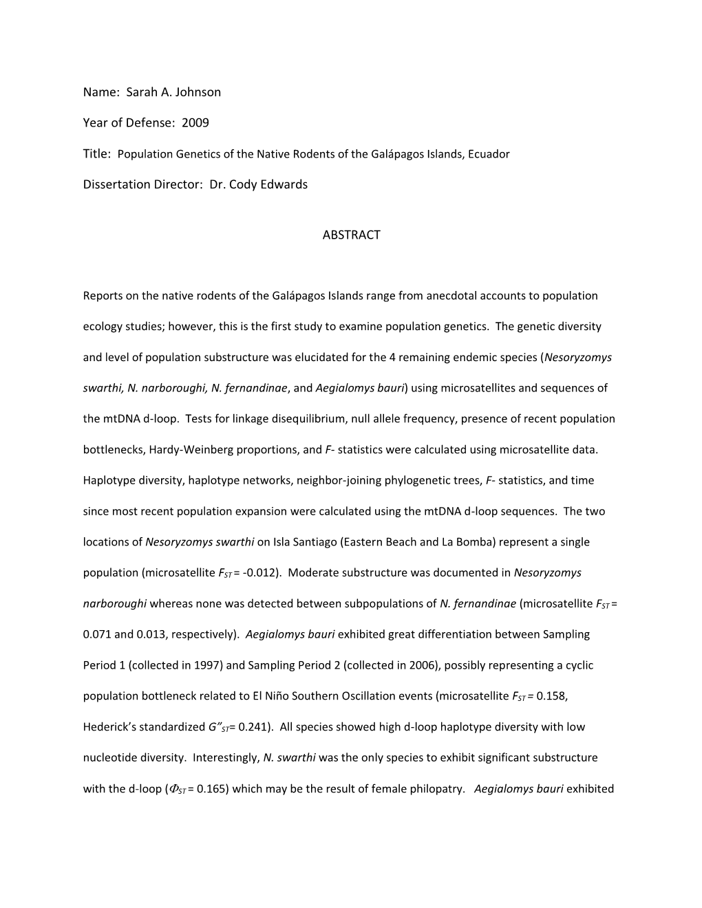 Population Genetics of the Native Rodents of the Galápagos Islands, Ecuador