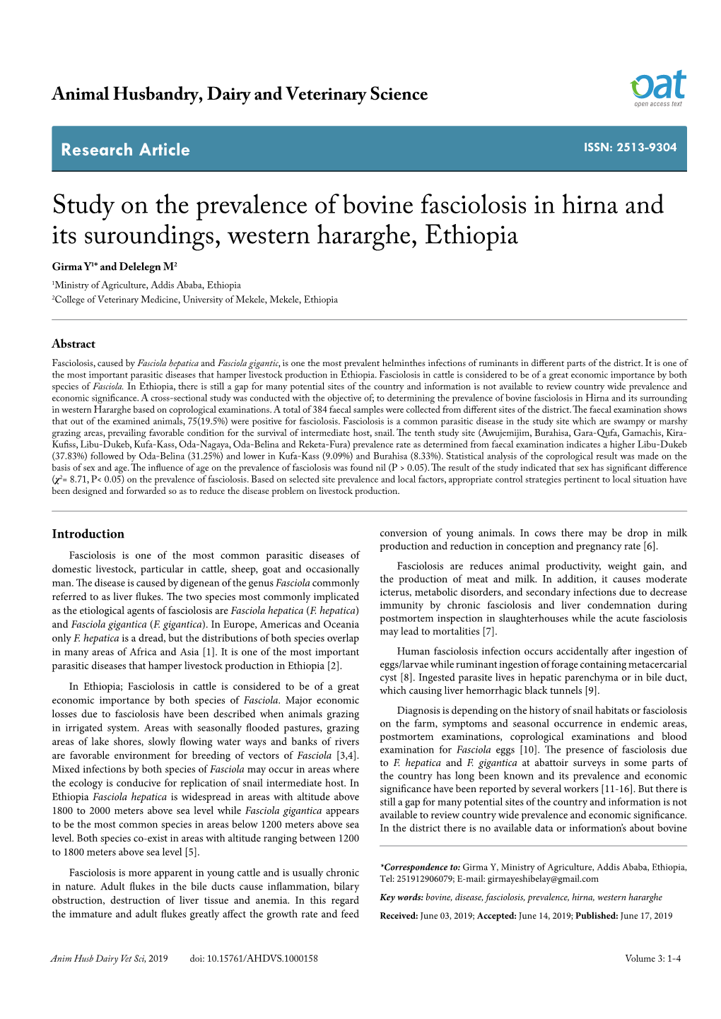 Study on the Prevalence of Bovine Fasciolosis in Hirna and Its