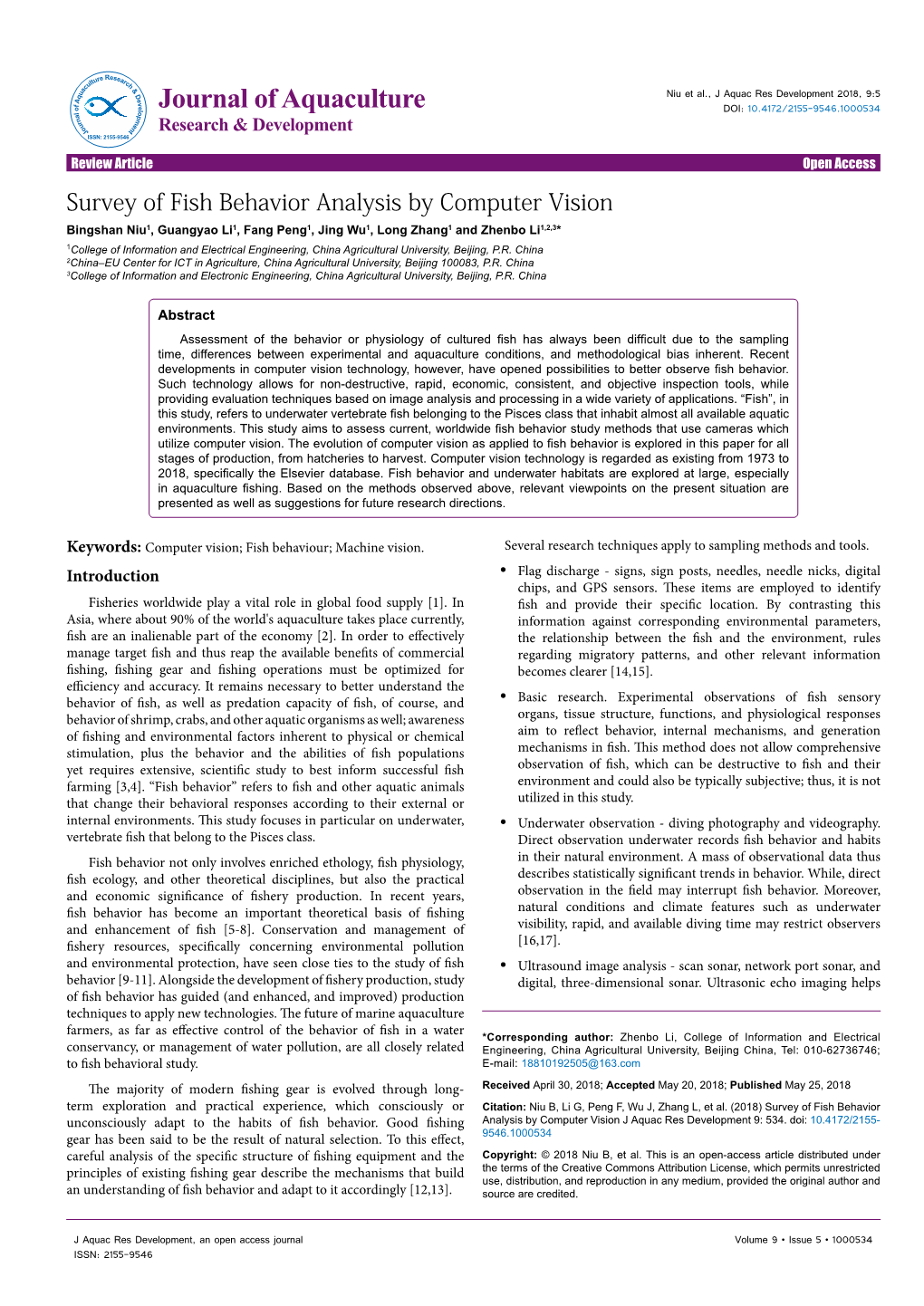 Survey of Fish Behavior Analysis by Computer Vision