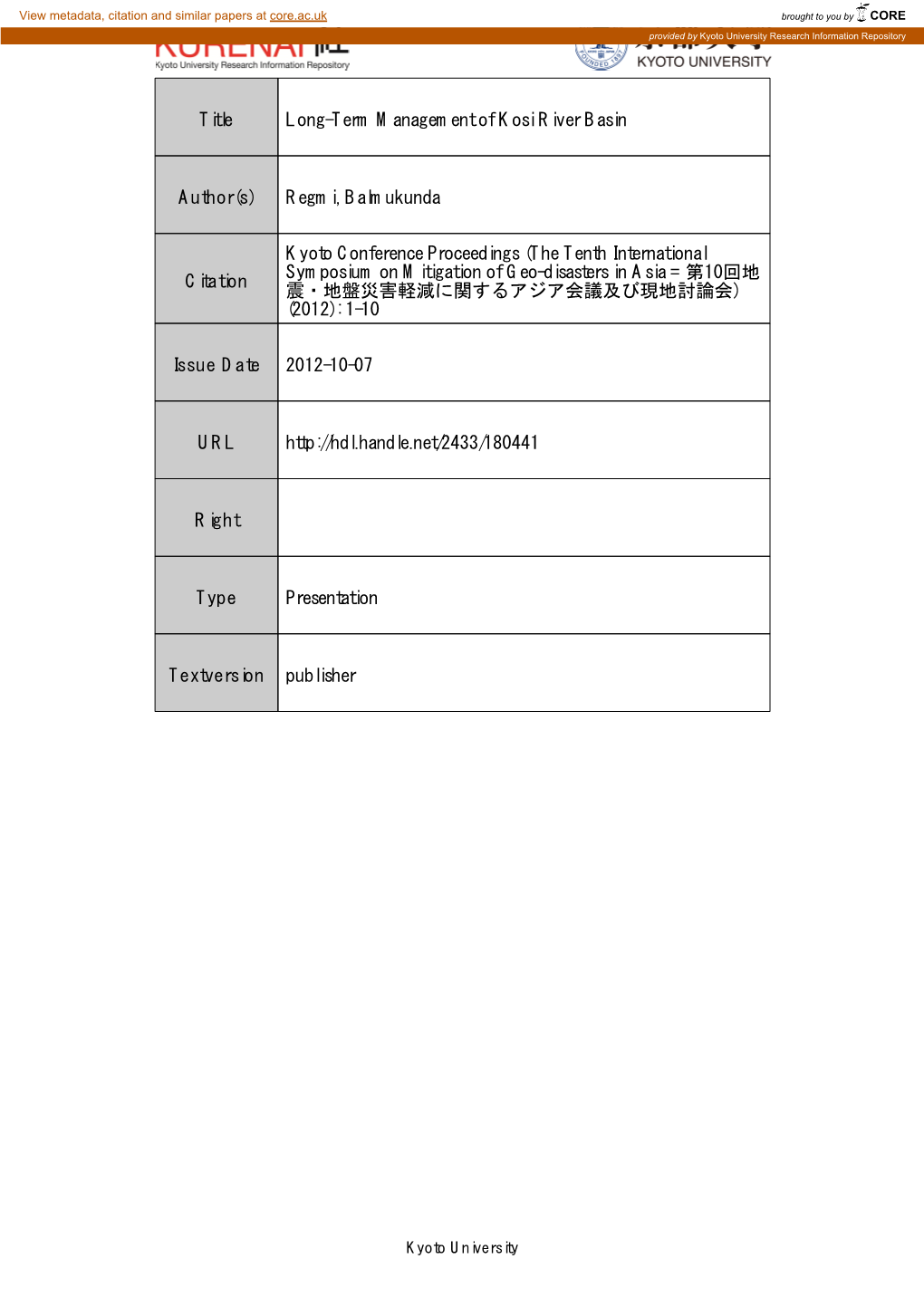 Title Long-Term Management of Kosi River Basin Author(S)