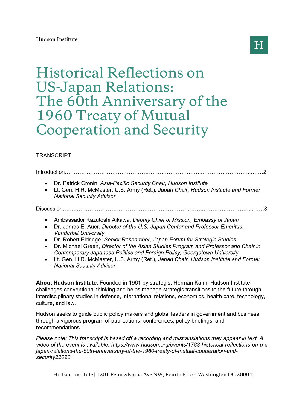 Historical Reflections on US-Japan Relations: the 60Th Anniversary of the 1960 Treaty of Mutual Cooperation and Security