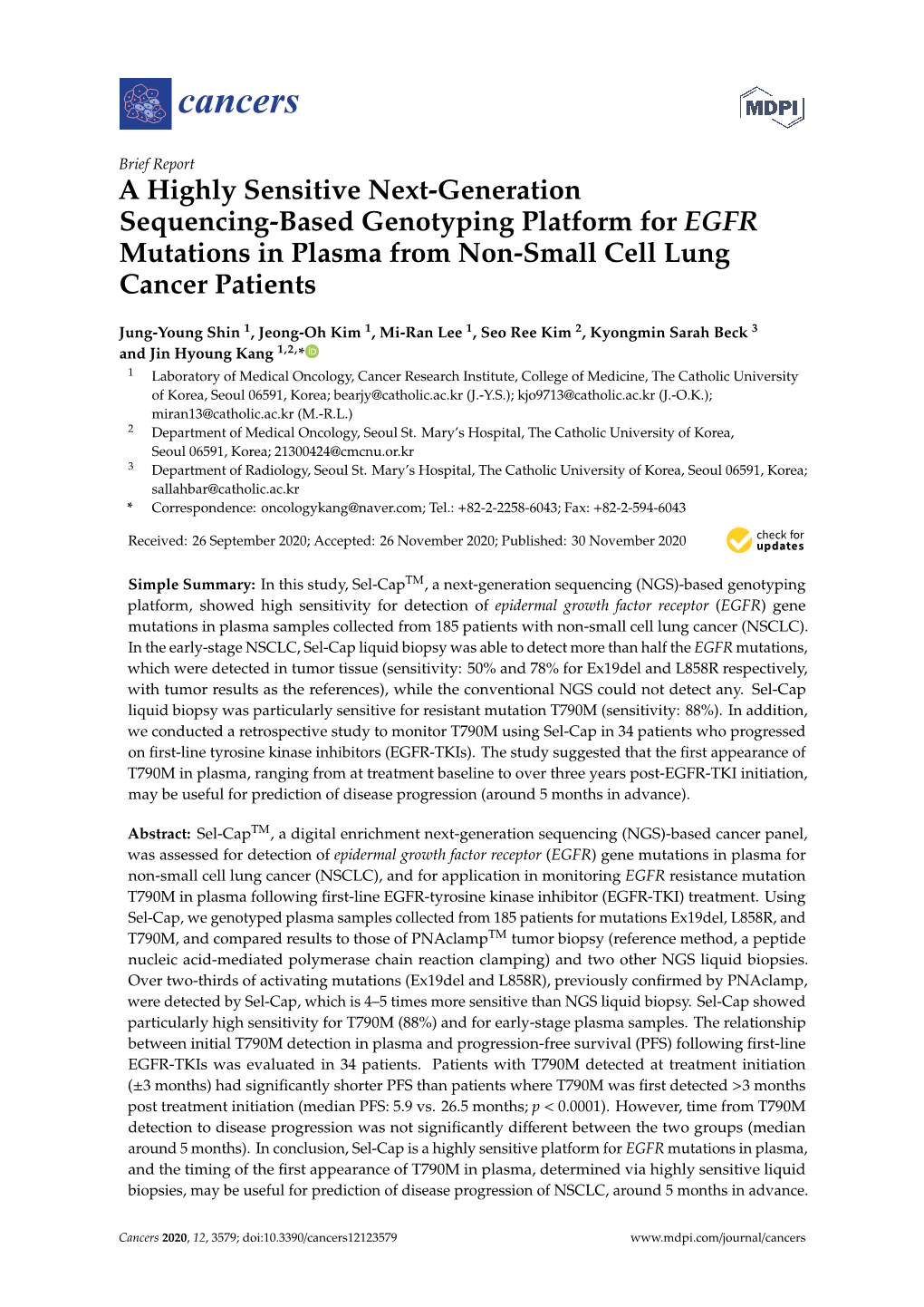 A Highly Sensitive Next-Generation Sequencing-Based Genotyping Platform for EGFR Mutations in Plasma from Non-Small Cell Lung Cancer Patients