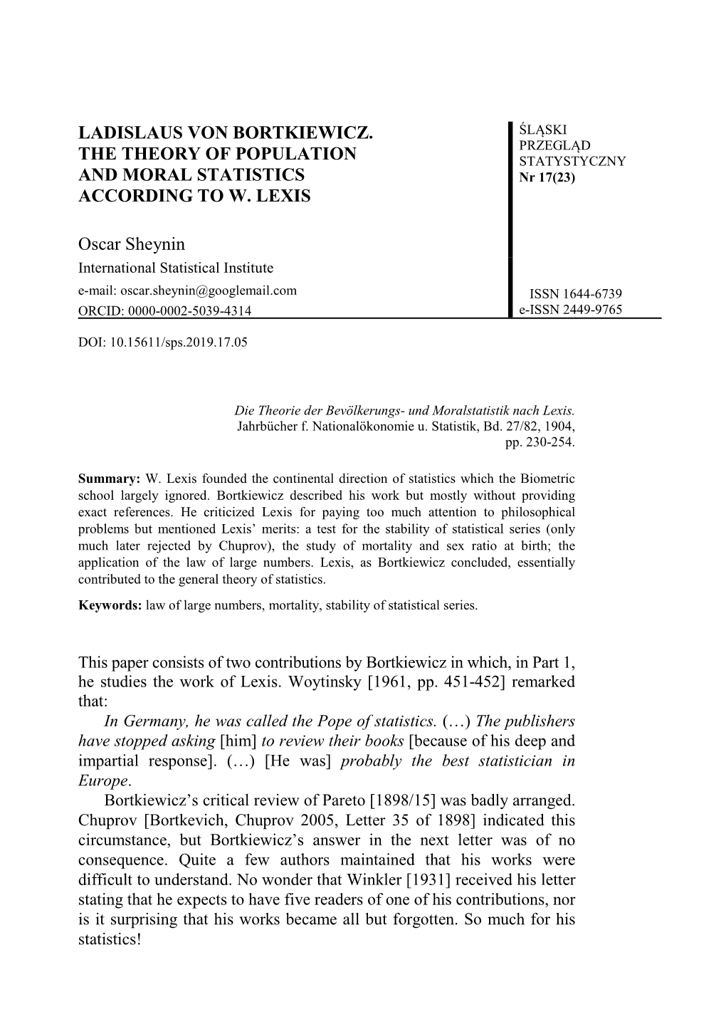 Ladislaus Von Bortkiewicz. the Theory of Population and Moral Statistics