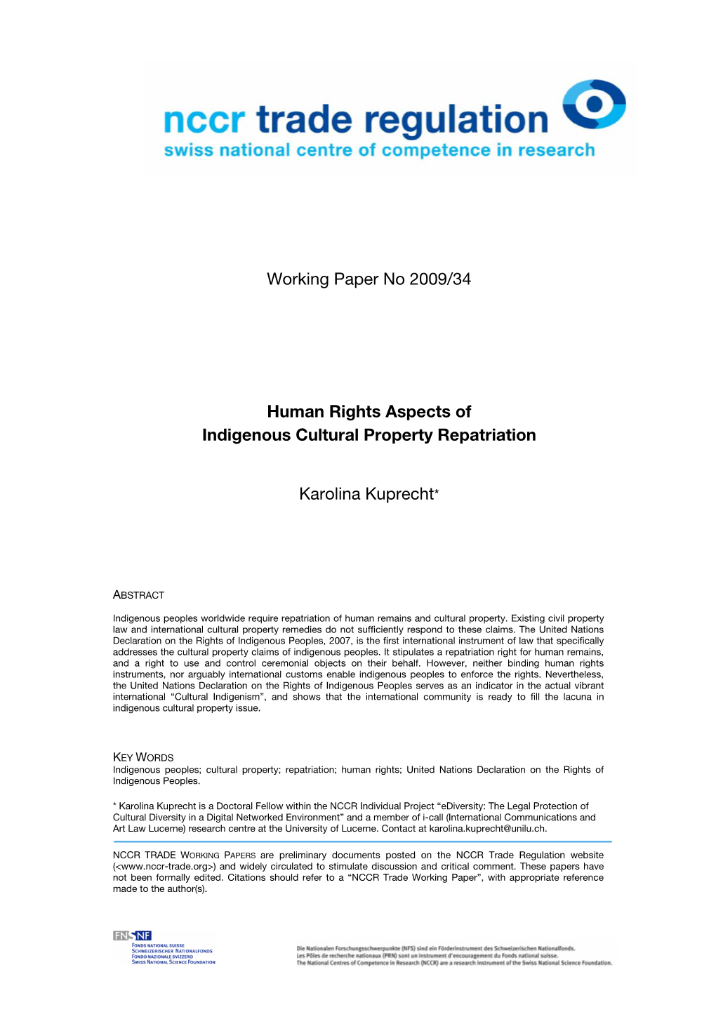 Working Paper No 2009/34 Human Rights Aspects of Indigenous