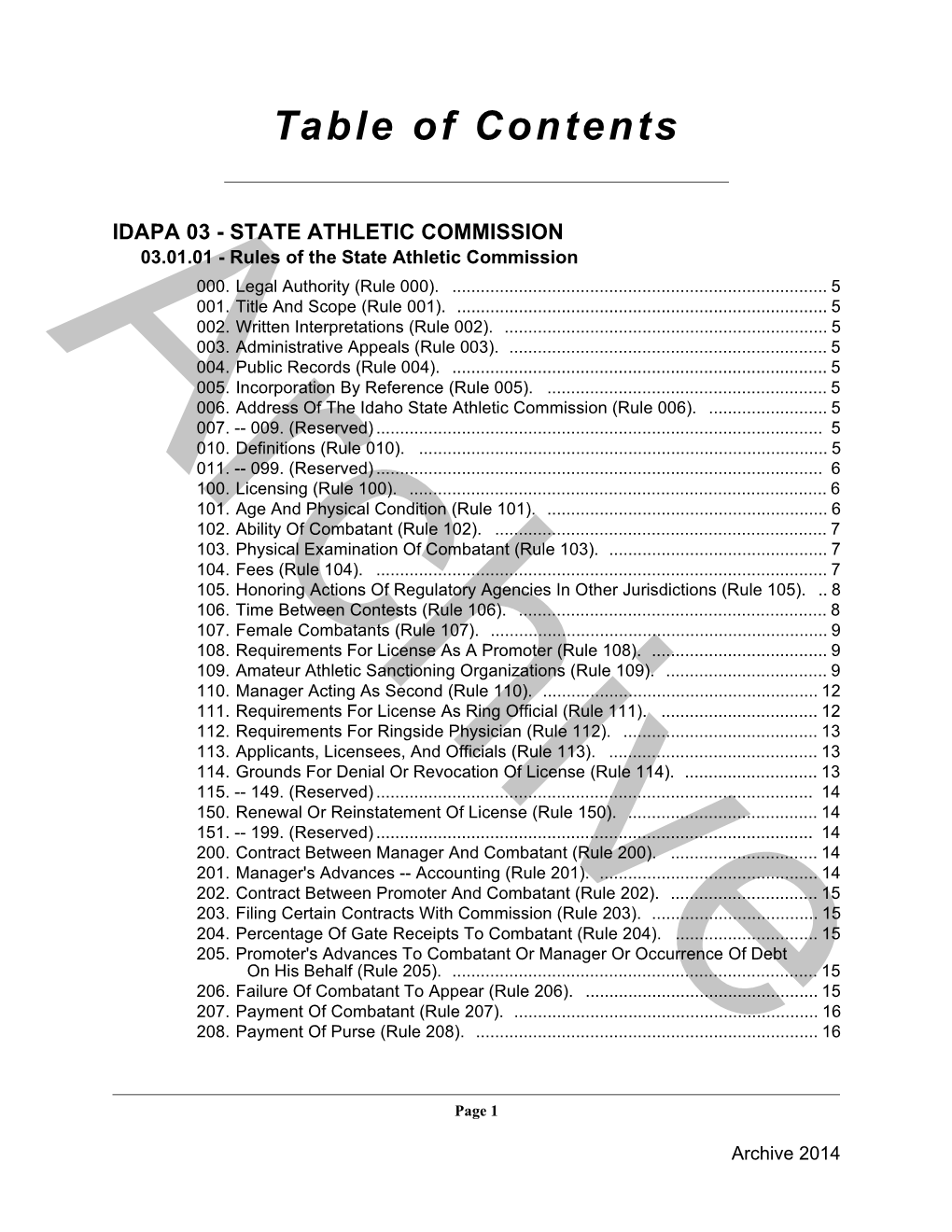 03.01.01, Rules of the Idaho State Athletic Commission