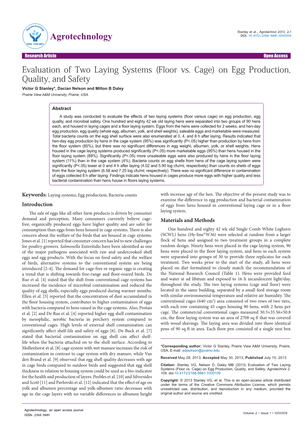 Evaluation of Two Laying Systems (Floor Vs. Cage) on Egg Production