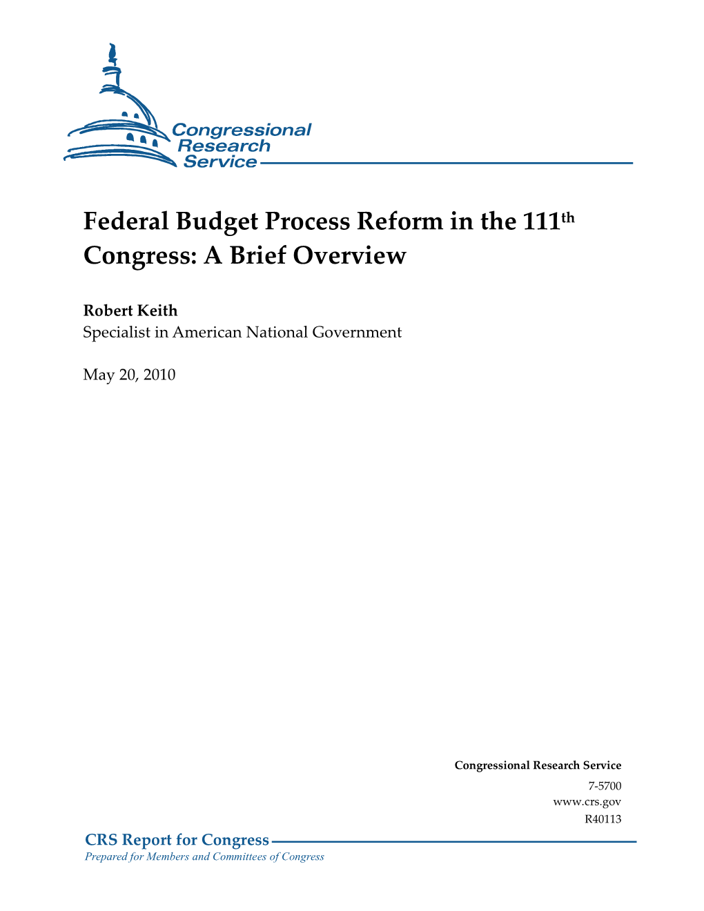 Federal Budget Process Reform in the 111Th Congress: a Brief Overview