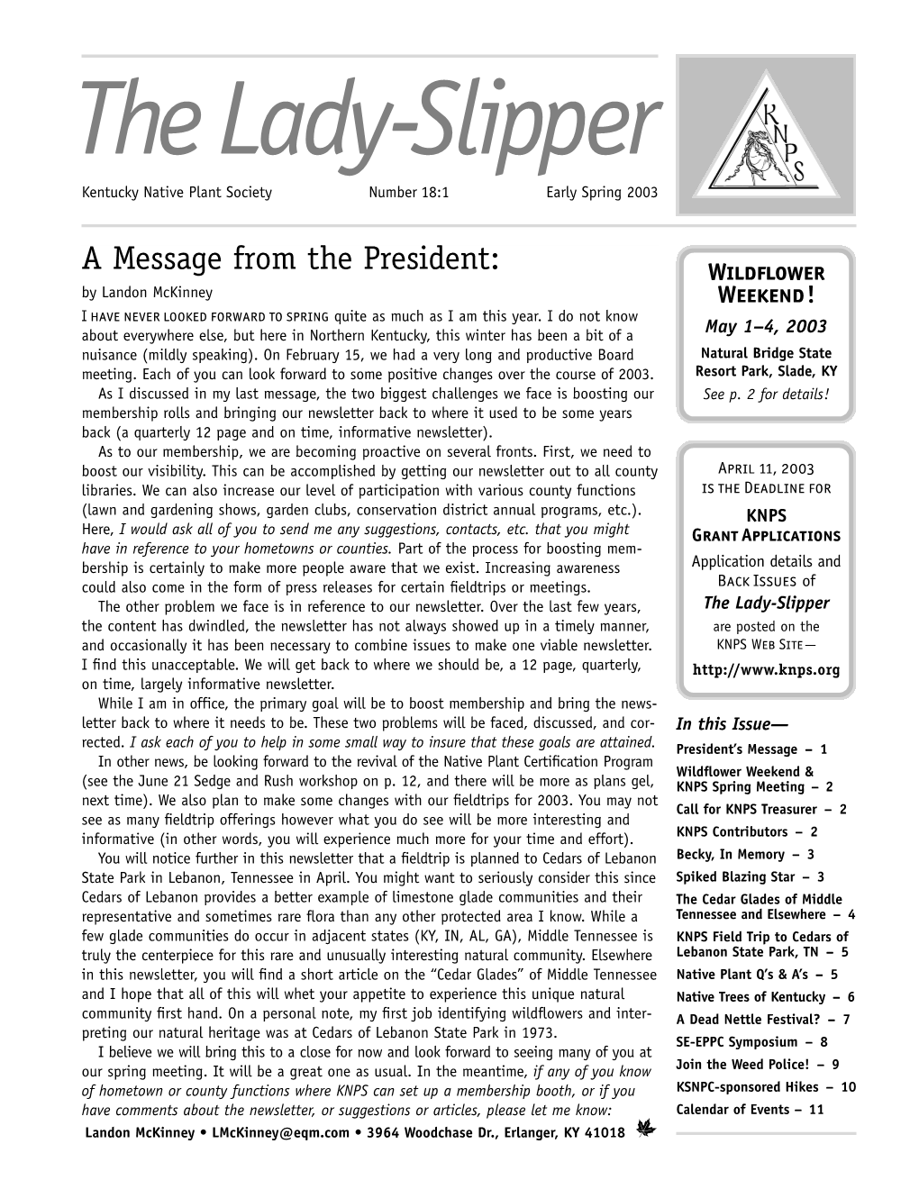 KNPS News 18:1, Early Spring 2003