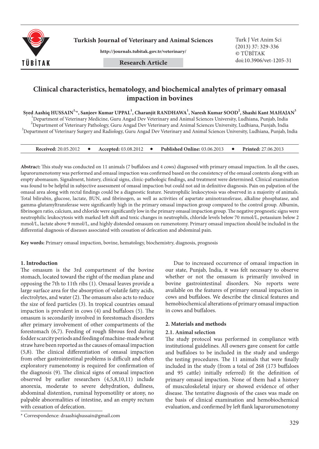 Clinical Characteristics, Hematology, and Biochemical Analytes of Primary Omasal Impaction in Bovines